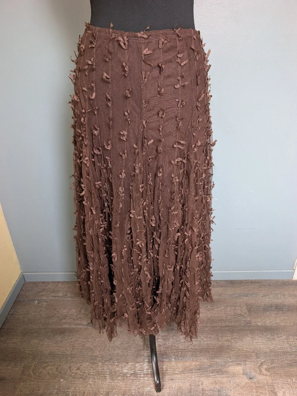 Handkerchief Hem Brown Tulle Ribbon Midi Skirt - Picture 2 of 11